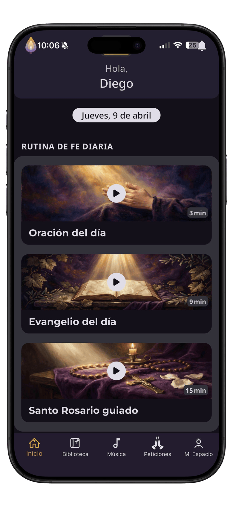 Pantalla principal de Bendita mostrando la rutina de fe diaria